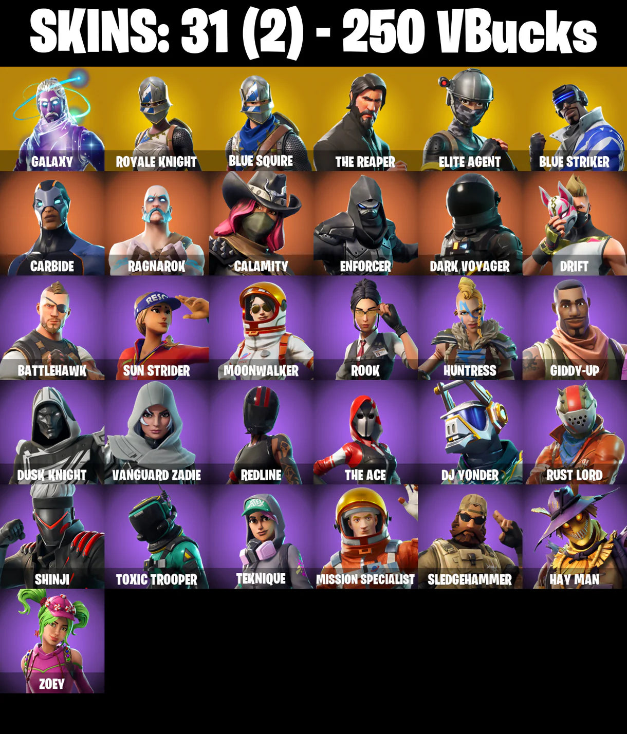 PC/PSN/XBOX |31 skins | Galaxy | Royale Knight | Blue Squire | The Reaper | Elite Agent | Blue Striker | Galactic Disc | Rust Bucket | Blue Shift | #B649