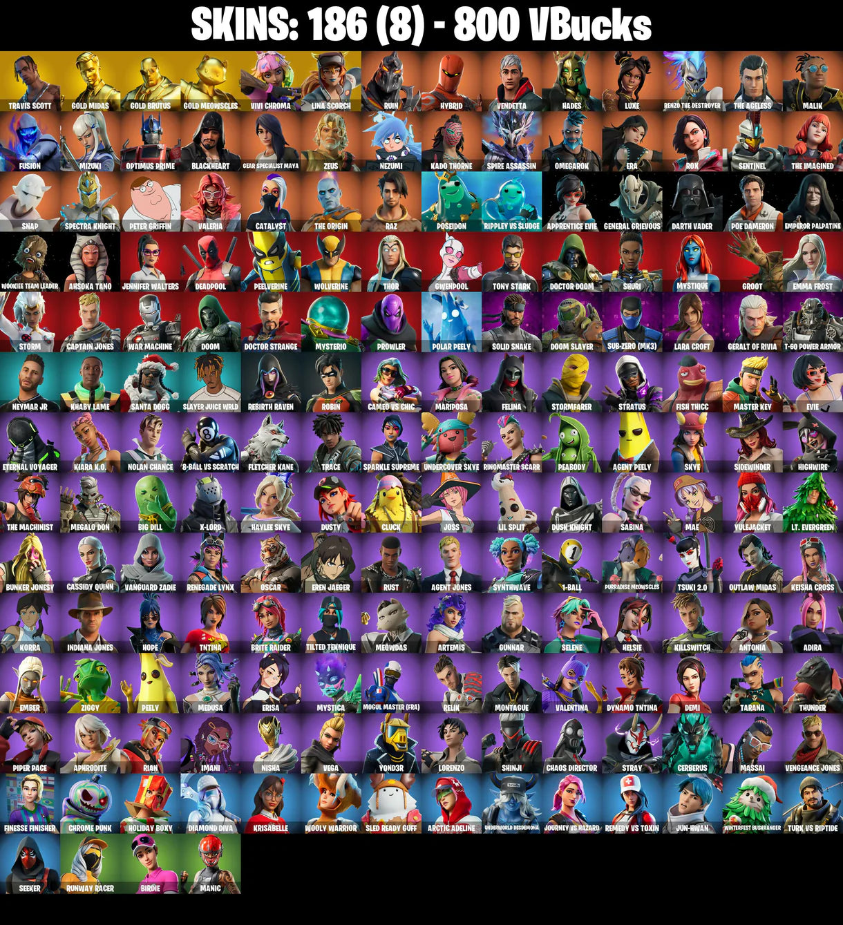 PC/PSN/XBOX |186 skins | Travis Scott | Gold Midas | Gold Brutus | Gold Meowscles | Vivi Chroma | Lina Scorch | Cactus Jack | Rust Bucket | #B#509
