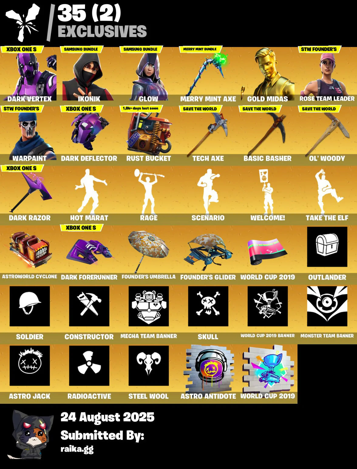 OG Fortnite Account☑️62 Skins☑️Dark Vertex☑️IKONIK☑️Glow☑️Gold Midas☑️Evie☑️Peely☑️Gold Token☑️Merry Mint Axe☑️Billy Bounce☑️Take the Elf☑️One Shot☑️
