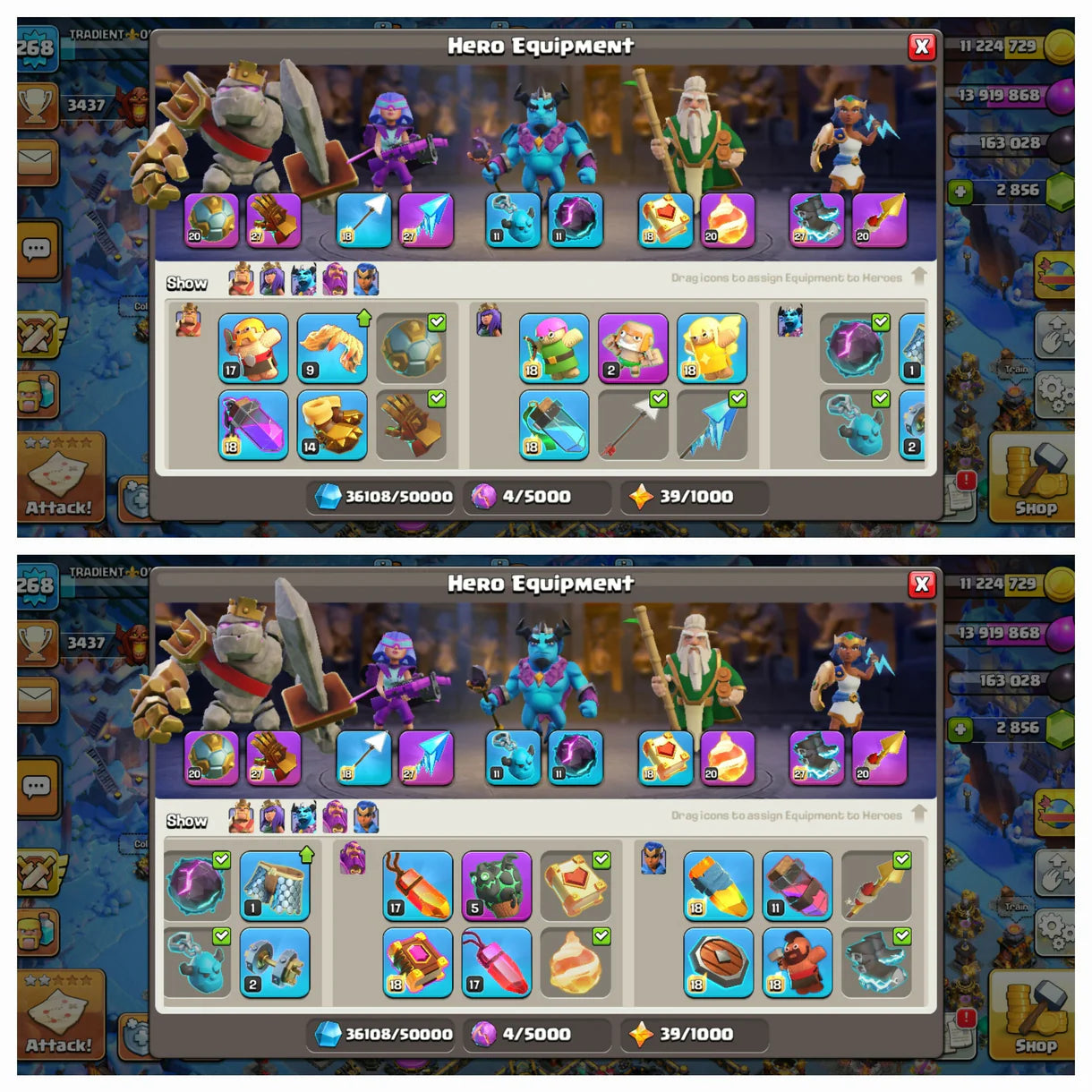 World Rank 1083 ★> Th17 Rare Max Out ★> 28k Legendary Trophy ★> 6 Epic Max Type ★> Max Heros:- 100-100-83-75-50 ★> 1035 Cwl Reward ★> 26 Rare Skins ★> Bh10 Max ★> 3673 War Stars ★> atb 6k+ ★> Safe Guarantee ★> instant delivery