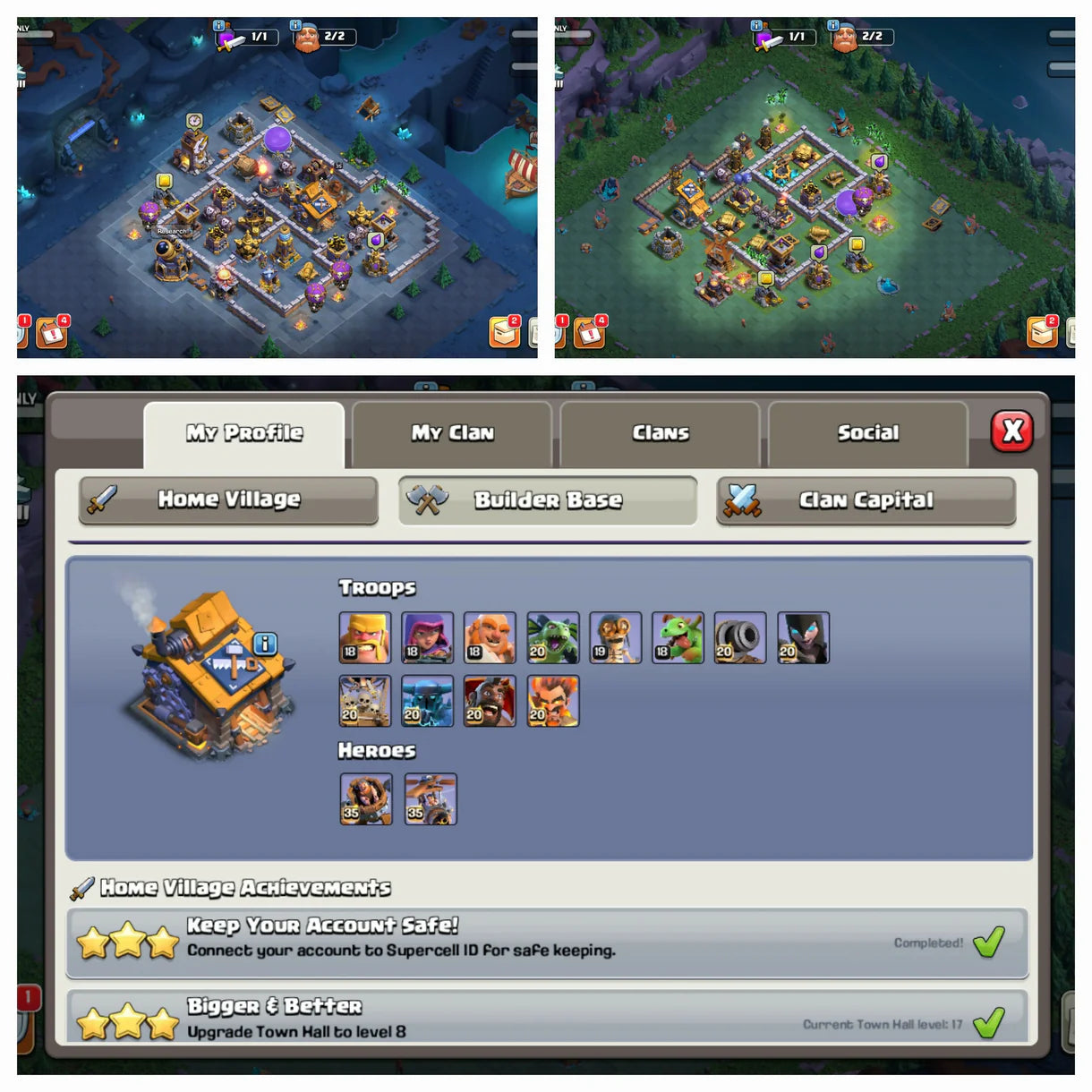 World Rank 1083 ★> Th17 Rare Max Out ★> 28k Legendary Trophy ★> 6 Epic Max Type ★> Max Heros:- 100-100-83-75-50 ★> 1035 Cwl Reward ★> 26 Rare Skins ★> Bh10 Max ★> 3673 War Stars ★> atb 6k+ ★> Safe Guarantee ★> instant delivery