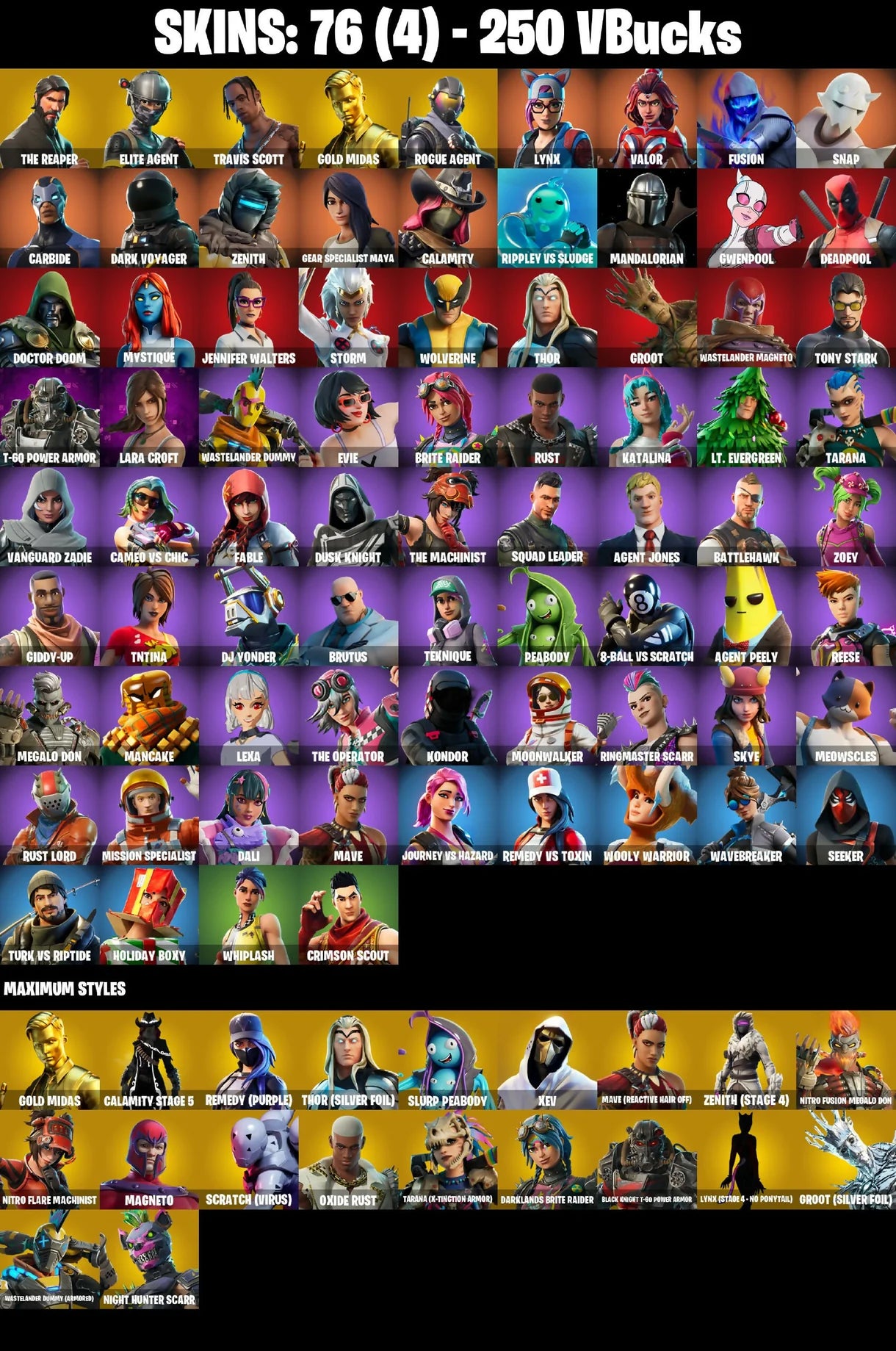 (PC/XBOX) 250 VB) 76 SKINS / THE REAPER / ELITE AGENT / TRAVIS SCOTT / GOLD MIDAS / ROGUE AGENT / LYNX / VALOR / FUSION / SNAP / CARBIDE /