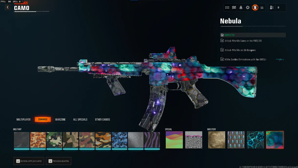 Nebula Hard Unlocked ✅ Prestige 7 ⚔ All 525 Zombies Camos Unlocked ✔ Nebula Legit Unlocked on 33 ? Lots of Guns Maxed ☄ Linkable to STEAM / BNET / XBOX / PSN