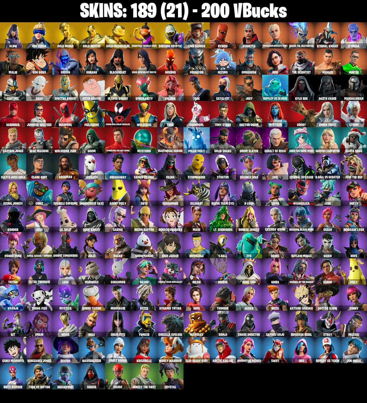 PC/PSN/XBOX |189 skins | Glow | Neo Versa | Gold Midas | Gold Brutus | Gold Meowscles | Fishstick (World Cup) | Subzero Cryptic | Lina Scorch | #B526
