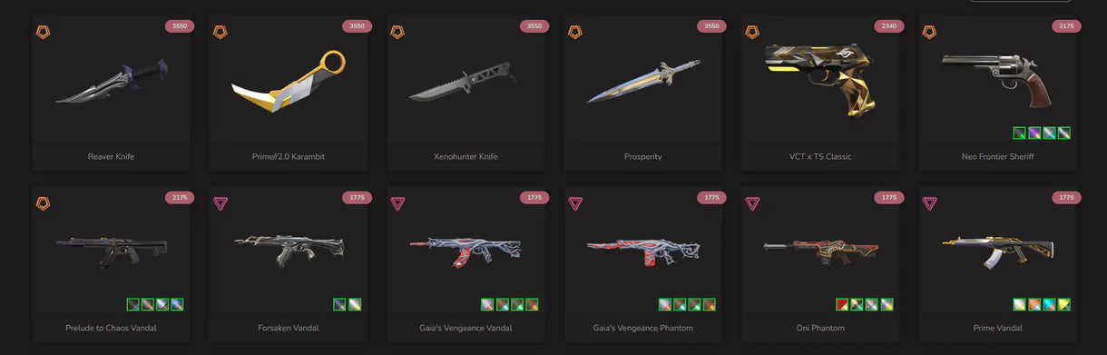 ( EU ) 34 Skins | 5 Knives | Prelude to Chaos Vandal | Xenohunter Knife | Neo Frontier Sheriff | Gaia's Vengeance Phantom | Prime//2.0 Karambit