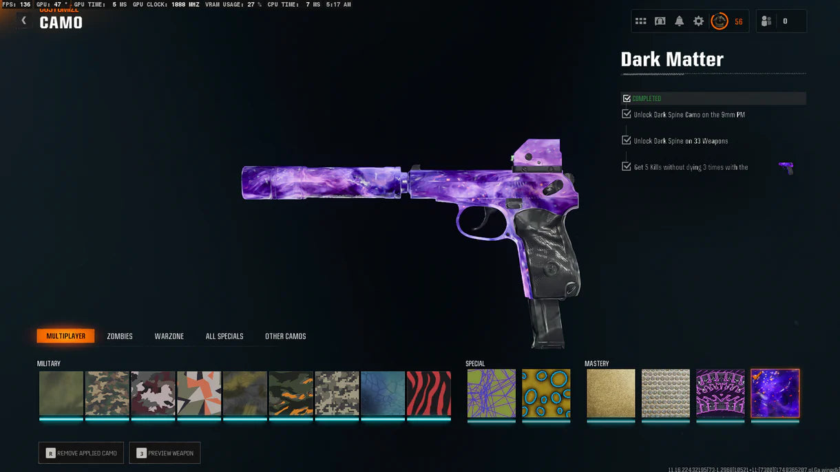 Dark Matter + Prestige Master Boost | جميع تمويهات MP مفتوحة | فتح شرعي | ⚡ Dark Matter مفتوح شرعي على جميع أسلحة Black Ops 6 البالغ عددها 33 ☄ يعمل على Steam / Battle.net / Xbox / PSN