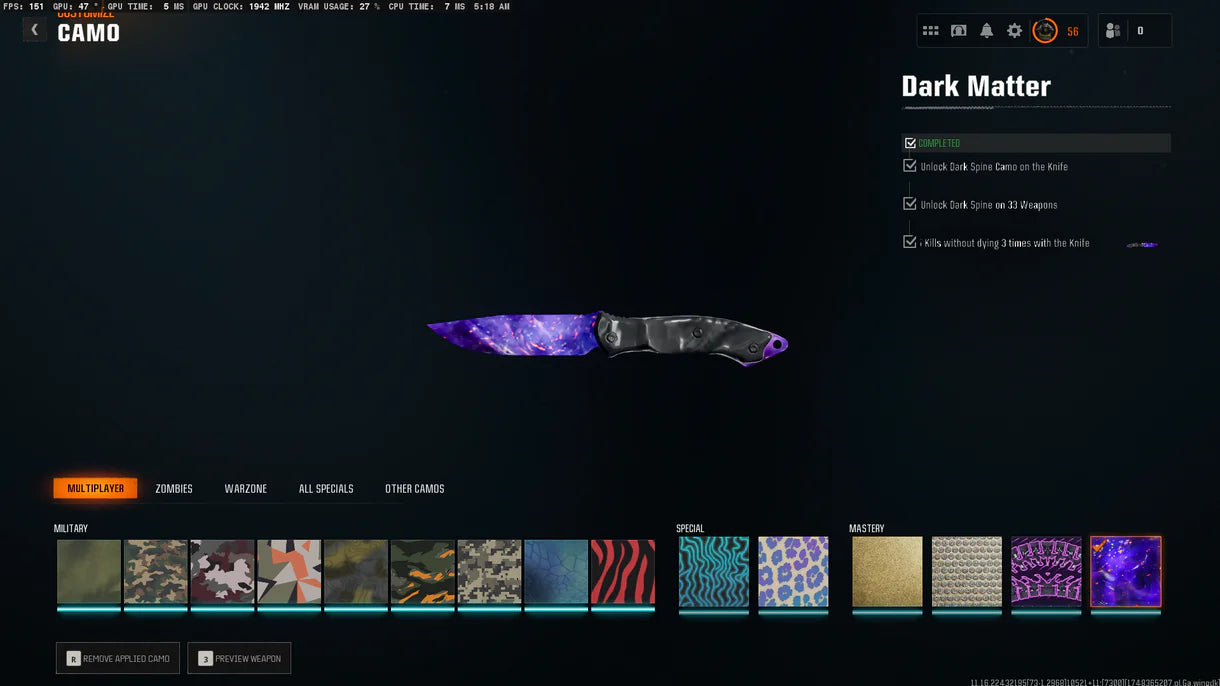 Dark Matter + Prestige Master Boost | جميع تمويهات MP مفتوحة | فتح شرعي | ⚡ Dark Matter مفتوح شرعي على جميع أسلحة Black Ops 6 البالغ عددها 33 ☄ يعمل على Steam / Battle.net / Xbox / PSN