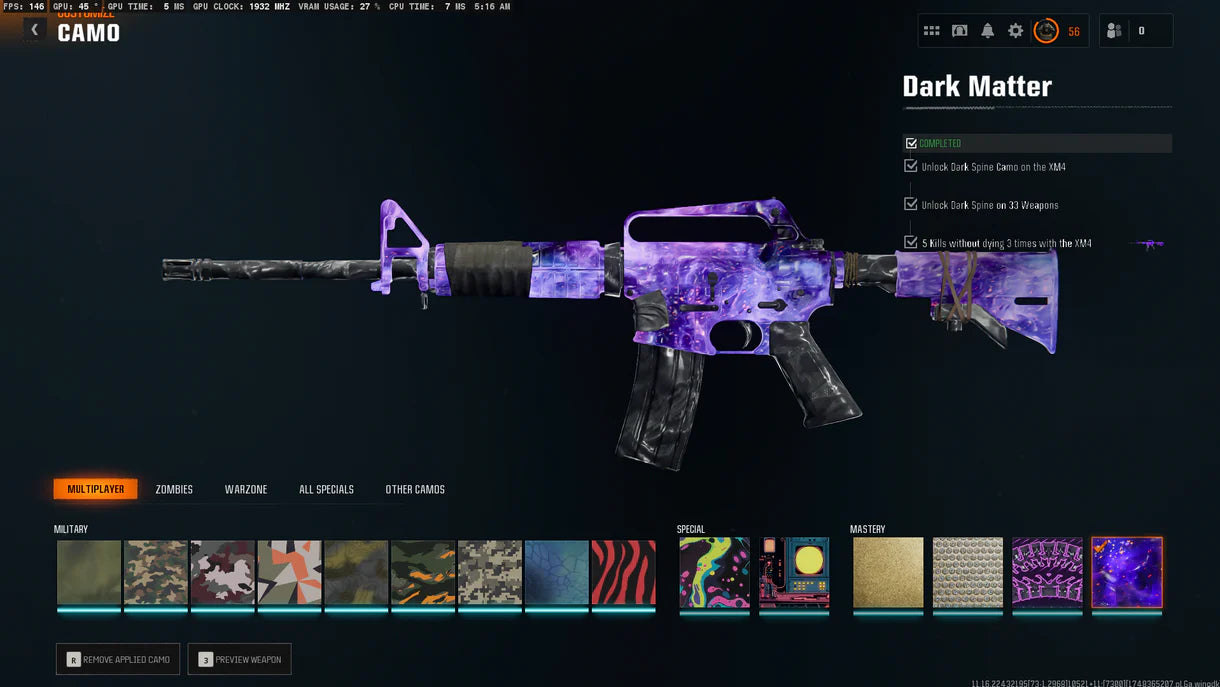 Dark Matter + Prestige Master Boost | جميع تمويهات MP مفتوحة | فتح شرعي | ⚡ Dark Matter مفتوح شرعي على جميع أسلحة Black Ops 6 البالغ عددها 33 ☄ يعمل على Steam / Battle.net / Xbox / PSN