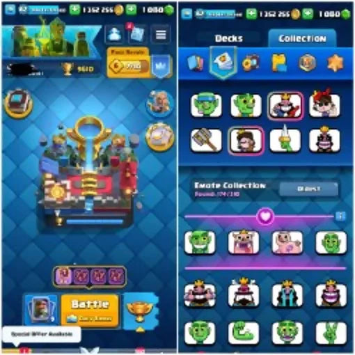 MAX CARD-113 ♦️LEVEL-62 ♦️TROPHY 9600 ♦️ ♦️ ELITE CARD-33♦️ EVO CARD-14 ♦️KT-15 ♦️ 174 RARE EMOTES ♦️CARD COLLECTION-120 MAX CARD-113 ♦️LEVEL-62 ♦️TROPHY 9600