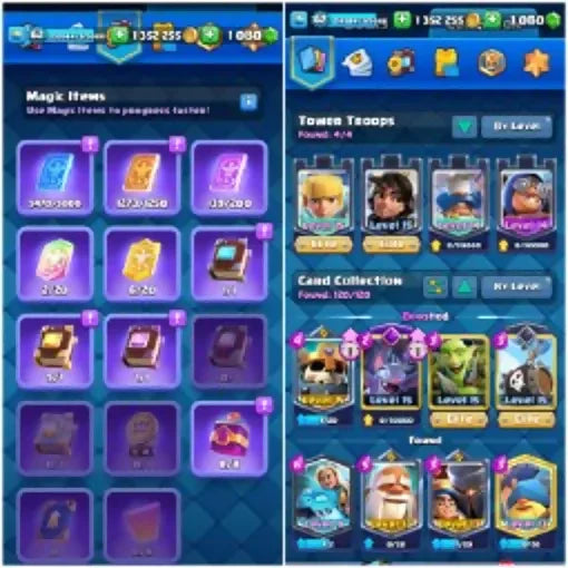 MAX CARD-113 ♦️LEVEL-62 ♦️TROPHY 9600 ♦️ ♦️ ELITE CARD-33♦️ EVO CARD-14 ♦️KT-15 ♦️ 174 RARE EMOTES ♦️CARD COLLECTION-120 MAX CARD-113 ♦️LEVEL-62 ♦️TROPHY 9600