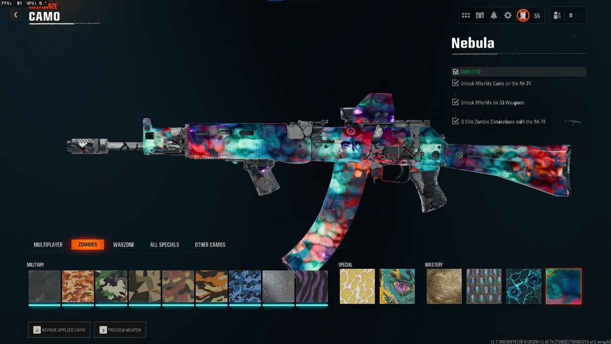 Nebula Hard Unlocked ✅ Prestige 6 ⚔ All 525 Zombies Camos Unlocked ✔ Nebula Legit Unlocked on 33 ? Lots of Guns Maxed ☄ Linkable to STEAM / BNET / XBOX / PSN
