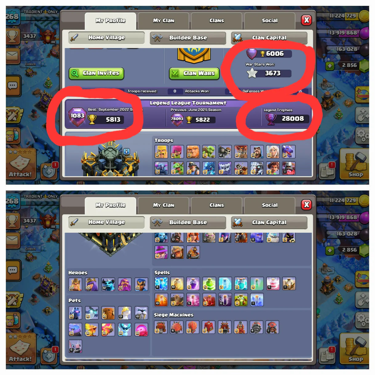 World Rank 1083 ★> Th17 Rare Max Out ★> 28k Legendary Trophy ★> 6 Epic Max Type ★> Max Heros:- 100-100-83-75-50 ★> 1035 Cwl Reward ★> 26 Rare Skins ★> Bh10 Max ★> 3673 War Stars ★> atb 6k+ ★> Safe Guarantee ★> instant delivery