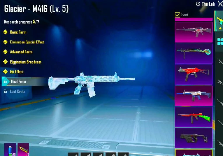MF 72 Iridescne Lv1 14x Gun-Lab 2x Kill Msg M416 Glacier Lv5 AKM Wandring Tyrant Lv4 Dystopian Survi Set The Glacier Set Titre de Conquérant Casque de Glacier Masque de Tyran aviaire Inventaire dur