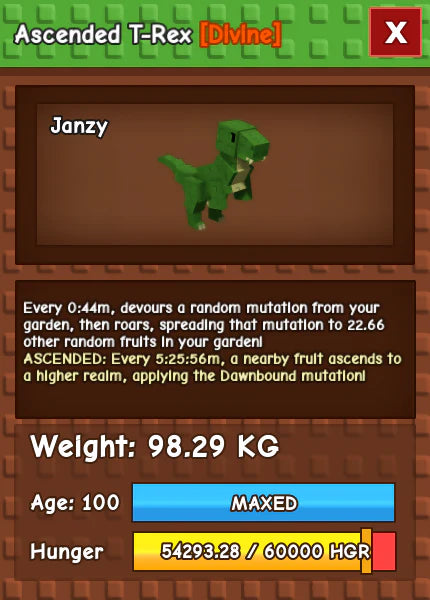 Level 100 Ascended Titanic T-Rex | 98.29 KG | 1 of 1 | World Record | Huge T-Rex | Titan T-Rex