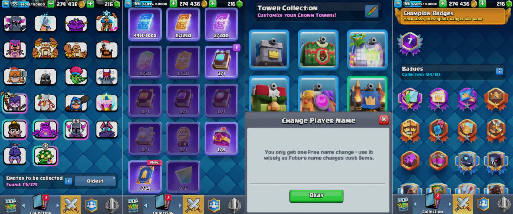 ? KT 15 ? 6 Elite Cards + 115 Cards ? 8 Evo ? Level 55 ⭐Emotes: 116 ? Goblin Trophy Emote -7438 Max Trophies ⭐Gold: 274436 ? Changeable Name ?Full Access