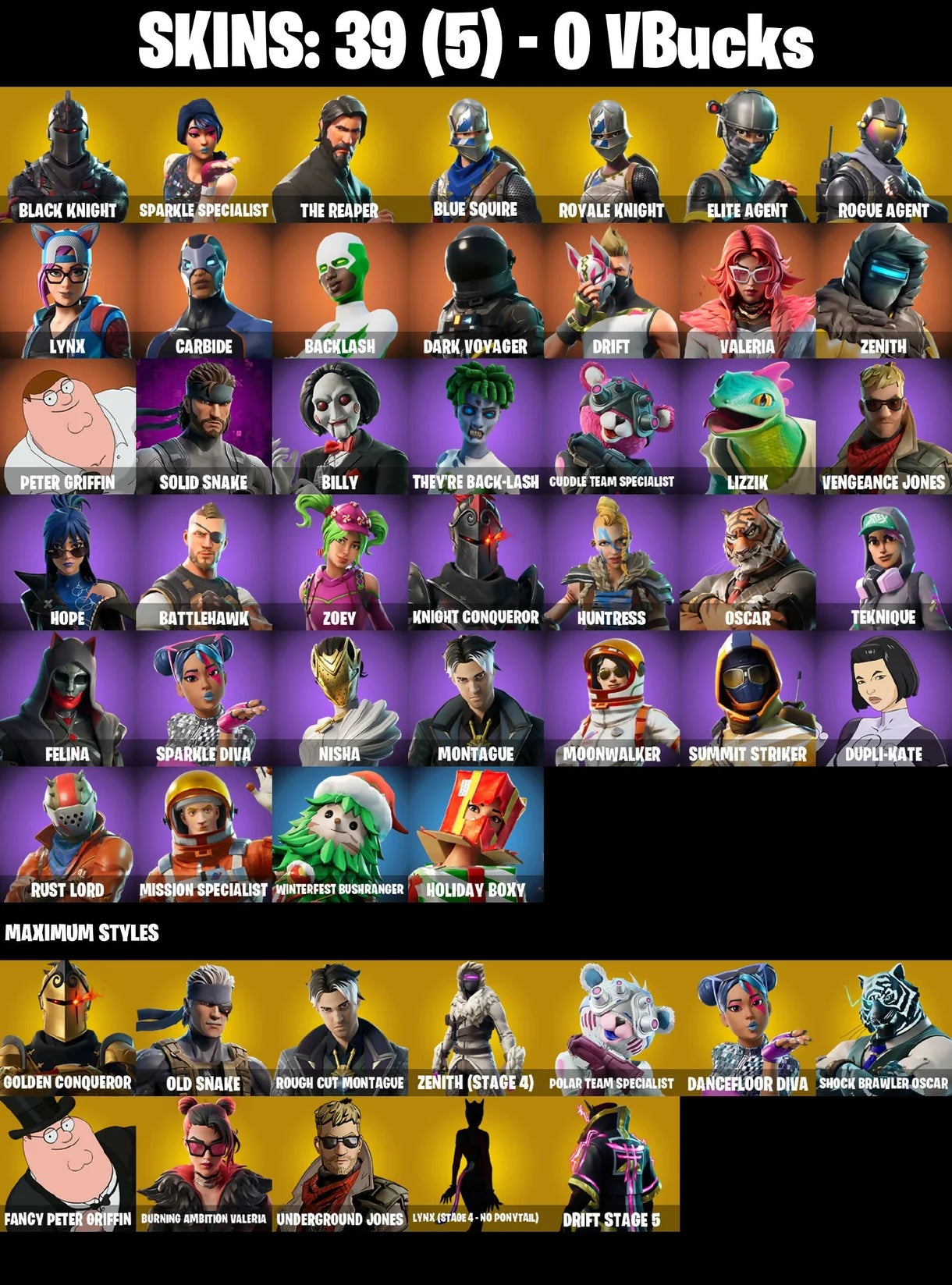 (PC) 0 VB) 39 SKINS / BLACK KNIGHT / SPARKLE SPECIALIST / THE REAPER / BLUE SQUIRE / ROYALE KNIGHT / ELITE AGENT / ROGUE AGENT / LYNX /