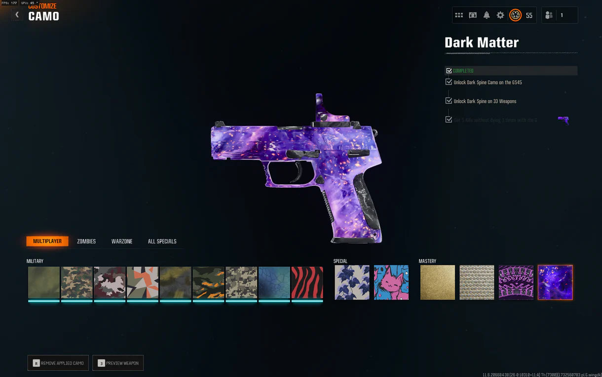 Dark Matter + Level 55 】 ⚔ All Multiplayer Camos Unlocked ✨ Prestige 1 Ready ⚡ Dark Matter Legit Unlocked on all 33 Black Ops 6 Guns ⚡ Linkable to STEAM / BNET / XBOX / PSN
