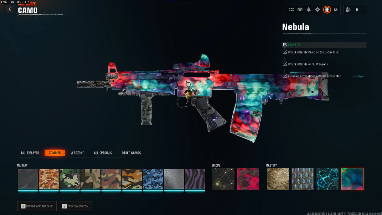Nebula Hard Unlocked ✅ Prestige 6 ⚔ All 525 Zombies Camos Unlocked ✔ Nebula Legit Unlocked on 33 ? Lots of Guns Maxed ☄ Linkable to STEAM / BNET / XBOX / PSN
