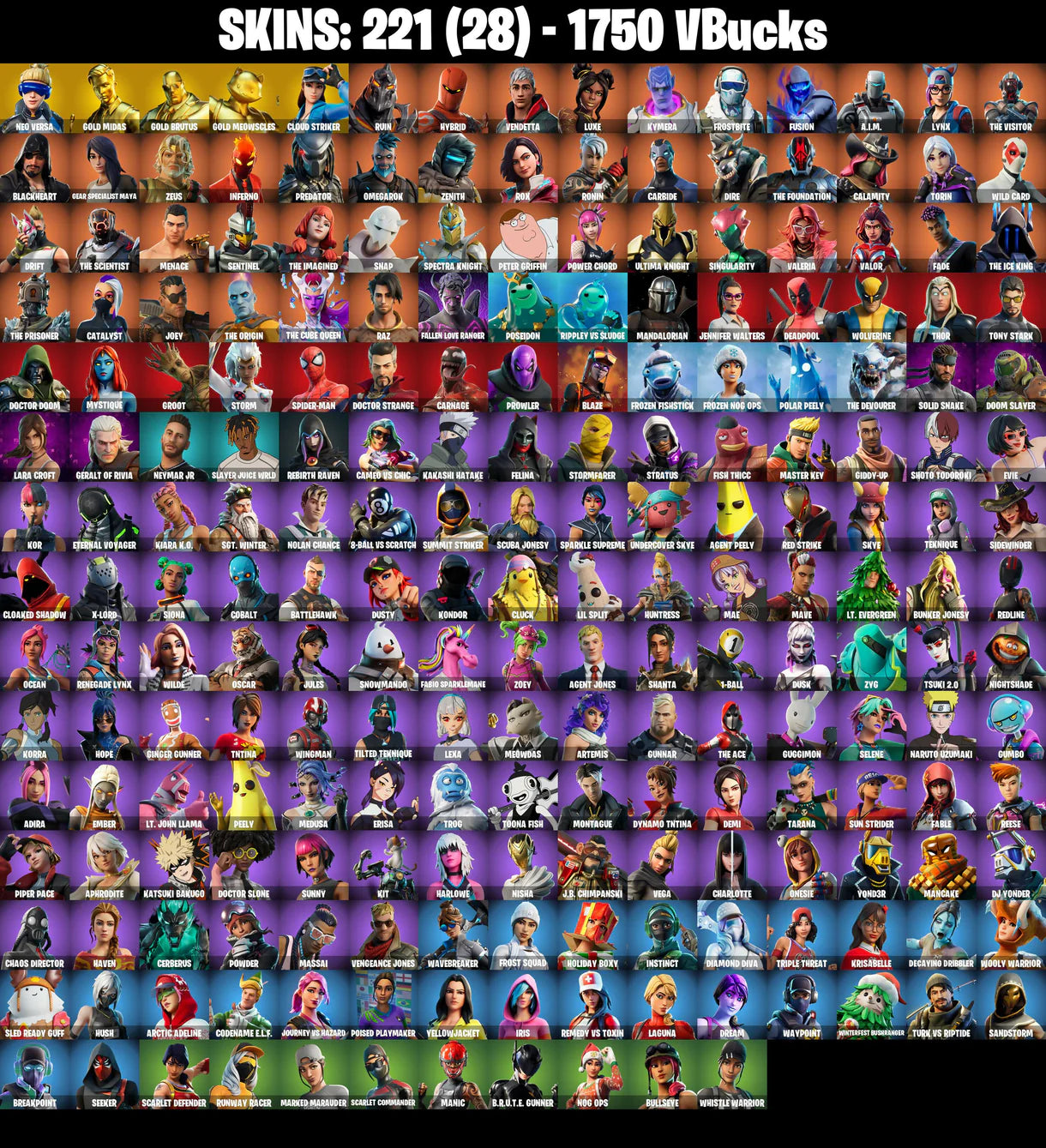 PC/PSN/XBOX |221 skins | Neo Versa | Gold Midas | Gold Brutus | Gold Meowscles | Cloud Striker | Elevation | Reaper | Orange Justice | Rage