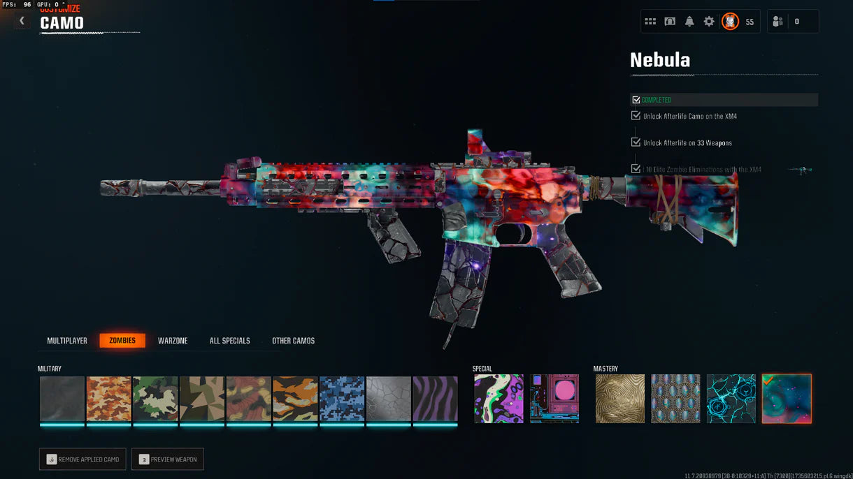 Nebula Hard Unlocked ✅ Prestige 6 ⚔ All 525 Zombies Camos Unlocked ✔ Nebula Legit Unlocked on 33 ? Lots of Guns Maxed ☄ Linkable to STEAM / BNET / XBOX / PSN