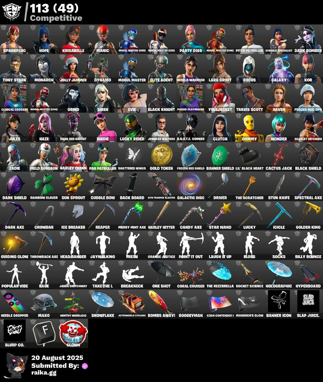 426 skins ✅ OG STW ✅ Black Knight ✅ Sparkle Specialist ✅ Wonder ✅ Dark Vertex ✅ Eon ✅ Galaxy ✅ IKONIK ✅ Honor Guard ✅ Rogue Spider Knight ✅ The Reaper ✅ Glow ✅ Travis Scott ✅ Merry Mint Axe ✅ Mako✅ Fresh ✅ Scenario✅ Floss ✅