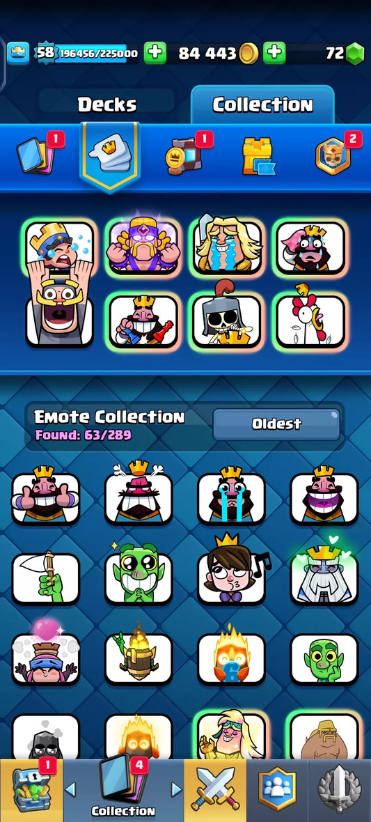 KT15, 58 LVL ? 8 EVOS, 19 ELITE CARDS, 47 MAXED ❤️? 117 CARDS TOTAL, ARENA 23 ? GOOD 63 EMOTES ⚡84K GOLD ? INSTANT ACCESS