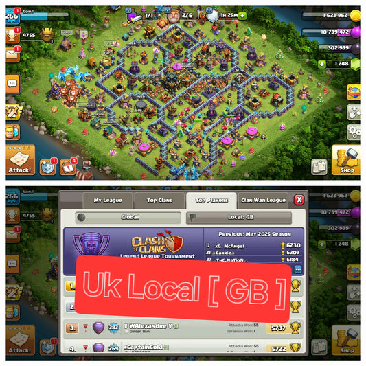 Rare UK Local [ GB ] ♦️ TH 17 World Rare Max ♦️266 Xp ♦️Heros:-95-96-70-70-45 ♦️ Name Change Yes ♦️499 Cwl Reward ♦️ BH 10 Max ♦️ Safe Guarantee ♦️ Instant delivery ?