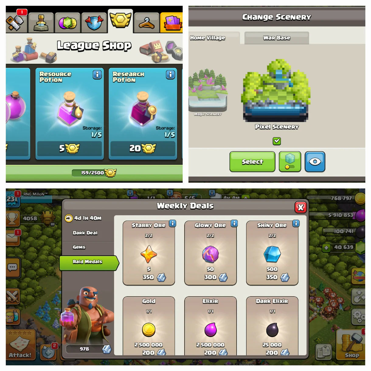 40K [ 40000 ] Gems ♦️ TH 17 World Rare ♦️ Heros:-92-91-60-70-40 ♦️ Bh10 Max ♦️All heros Skins ♦️ Pixel Scenery ♦️ Cwl Reward ♦️ Medals ♦️ Rename ♦️231 Xp ♦️ Safe Guarantee