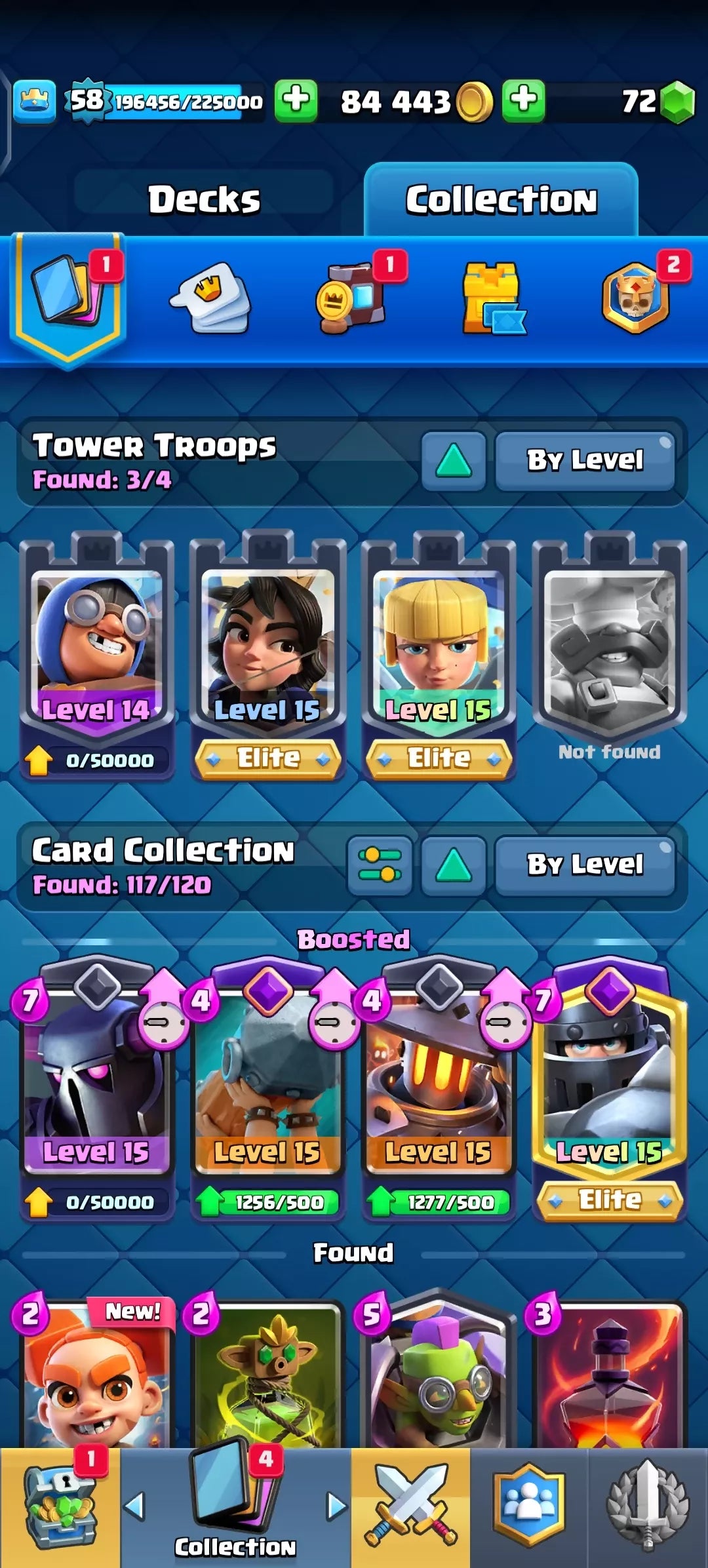 KT15, 58 LVL ? 8 EVOS, 19 ELITE CARDS, 47 MAXED ❤️‍? 117 CARDS TOTAL, ARENA 23 ? GOOD 63 EMOTES ⚡84K GOLD ? INSTANT ACCESS