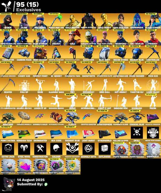 OG FORTNITE ACCOUNT✅STACKED✅449 skins✅652 emotes✅IKONIK✅Glow✅Merry Mint Axe✅Leviathan Axe✅Shady Zadie✅Neo Versa✅Gold Brutus✅Omega (stage 5)✅Gold Midas✅