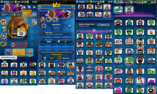 ? KT 15 ? 6 Elite Cards + 115 Cards ? 8 Evo ? Level 55 ⭐Emotes: 116 ? Goblin Trophy Emote -7438 Max Trophies ⭐Gold: 274436 ? Changeable Name ?Full Access