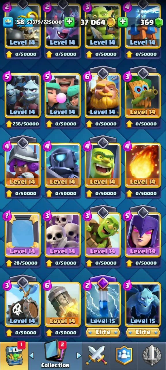 Kt Lvl- 58[] 15 Elite [] Total 51 card max[] 98 Rare Emote[] 8 Evo card