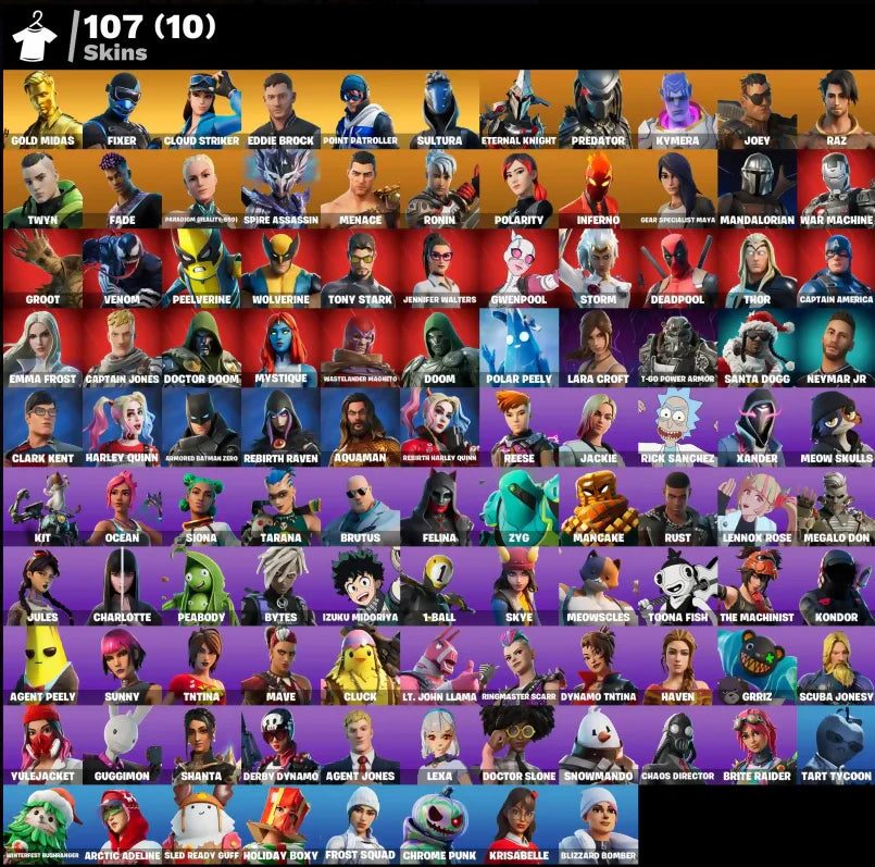 [PC/PSN/XBOX] 107 SKINS + CLOUD STRIKER + GOLD MIDAS + HARLEY QUINN + EDDIE BROCK + SULTURA + FIXER + LARA CROFT