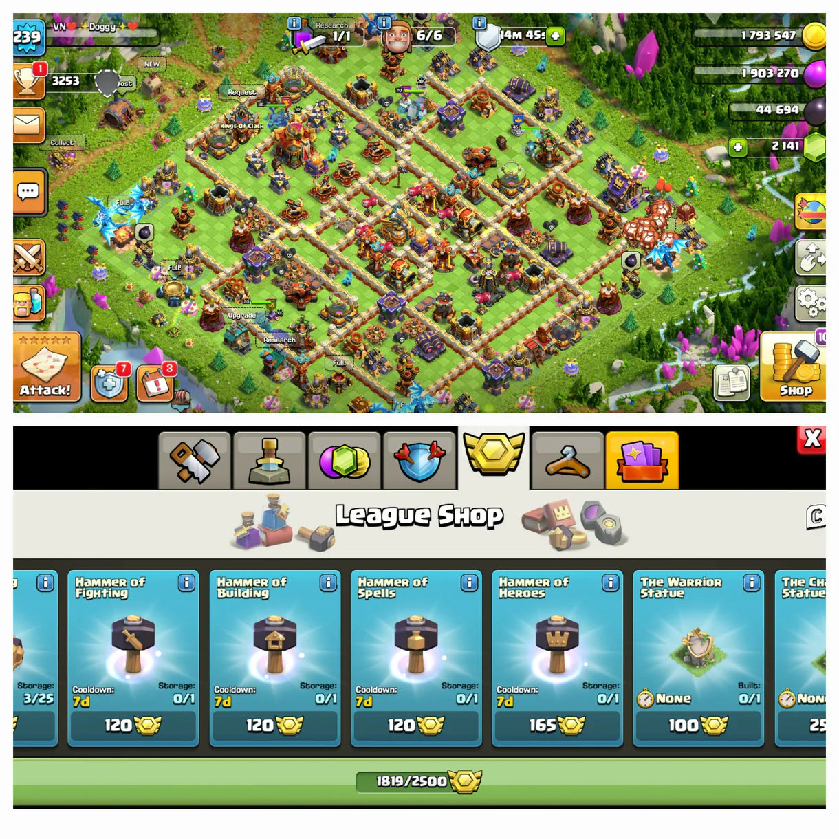 [ DRAGON SET ] Rare ♦️ TH 16 Max Out [200%] ♦️ 1819 Cwl Reward ♦️ 7 Scenery ♦️ 25 Rare Skins♦️ Max Heros:-95-95-70-70-45 ♦️Max Epic Equipment ♦️Rename ♦️ 239 Xp ♦️ Safe guarantee