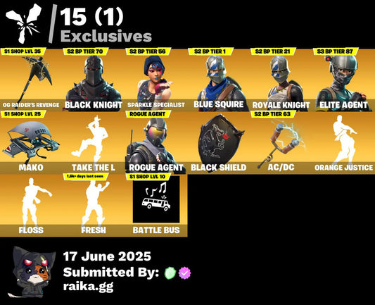 OG FORTNITE ACCOUNT✅33 skins✅OG Raider's Revenge✅Black Knight✅Sparkle Specialist✅Blue Squire✅Royale Knight✅Elite Agent✅Mako✅Take The L✅600 VB