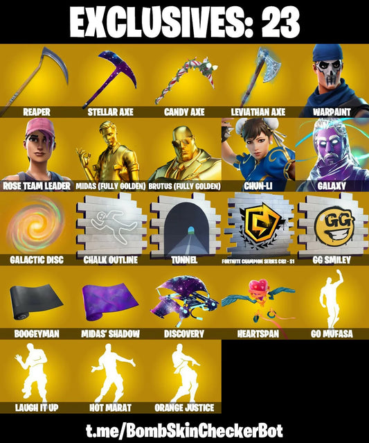 [ 112 Skins ] Full Access | Galaxy | Chun-Li | Brutus | Midas | Rose Team Leader | Warpaint G43