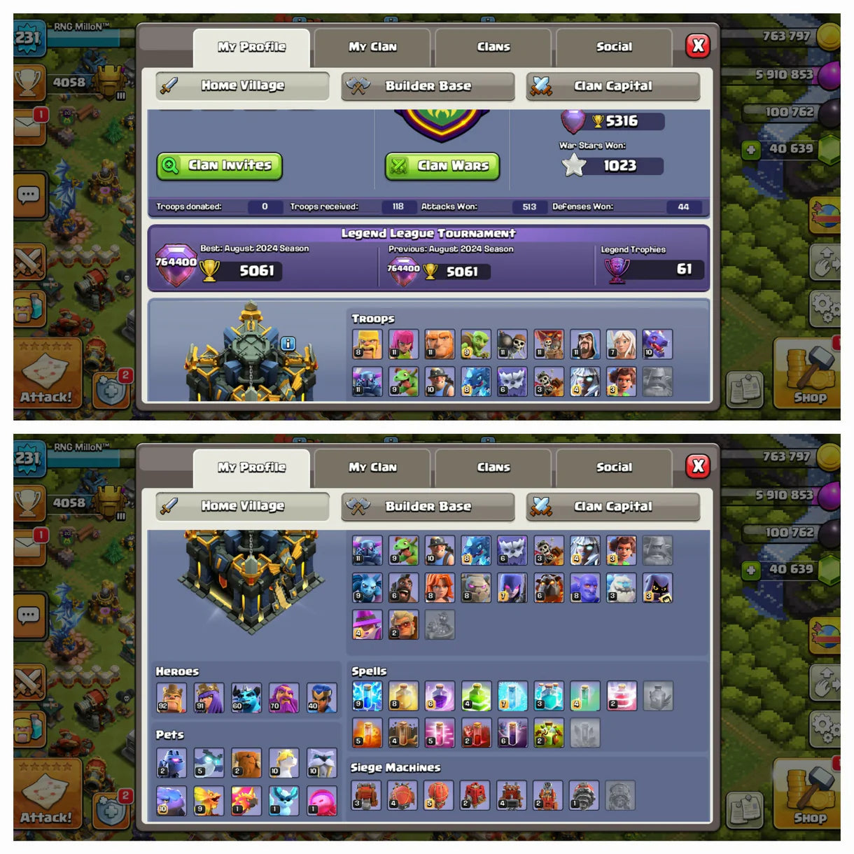 40K [ 40000 ] Gems ♦️ TH 17 World Rare ♦️ Heros:-92-91-60-70-40 ♦️ Bh10 Max ♦️All heros Skins ♦️ Pixel Scenery ♦️ Cwl Reward ♦️ Medals ♦️ Rename ♦️231 Xp ♦️ Safe Guarantee