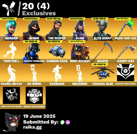 OG FORTNITE ACCOUNT✅STACKED✅121 skins✅Wonder✅IKONIK✅The Reaper✅Glow✅Elite Agent✅Merry Mint Axe✅Take The L✅Carbon Commando✅2950 VB
