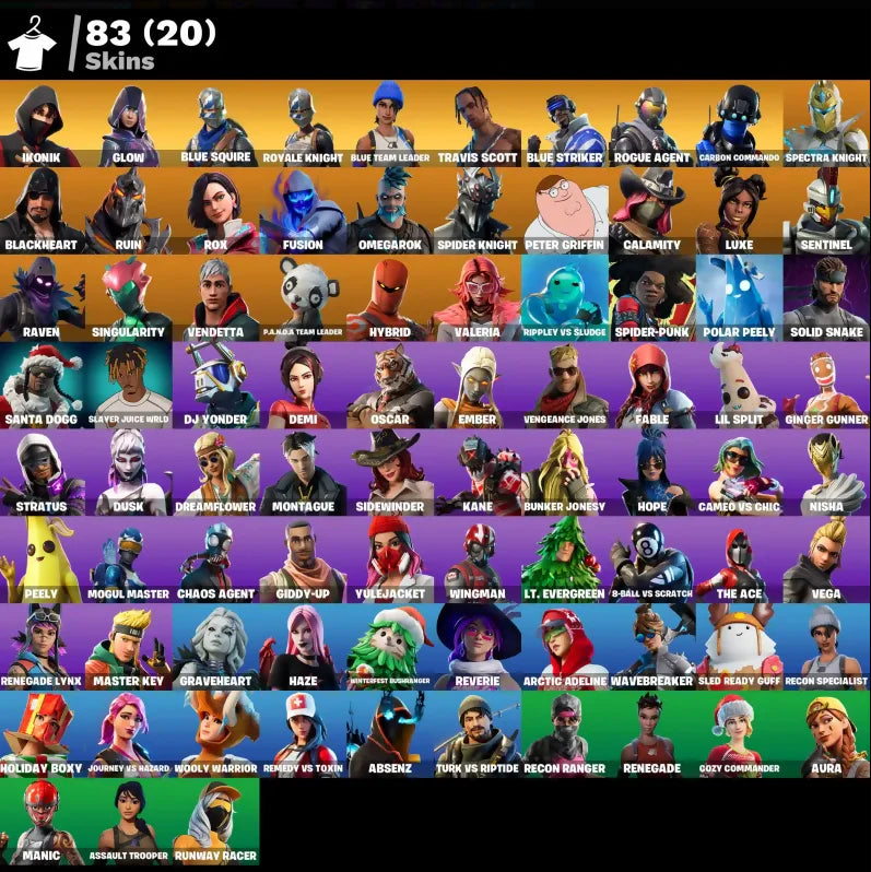 [PC/PSN/XBOX] 83 SKINS + IKONIK + TRAVIS SCOTT + GLOW + ROYALE KNIGHT + BLUE SQUIRE + ROGUE AGENT + CALAMITY