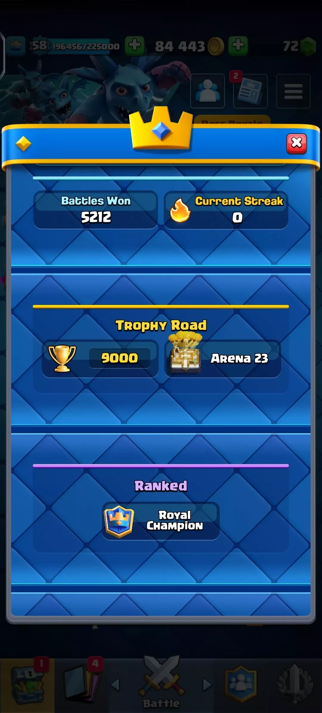 KT15, 58 LVL ? 8 EVOS, 19 ELITE CARDS, 47 MAXED ❤️‍? 117 CARDS TOTAL, ARENA 23 ? GOOD 63 EMOTES ⚡84K GOLD ? INSTANT ACCESS