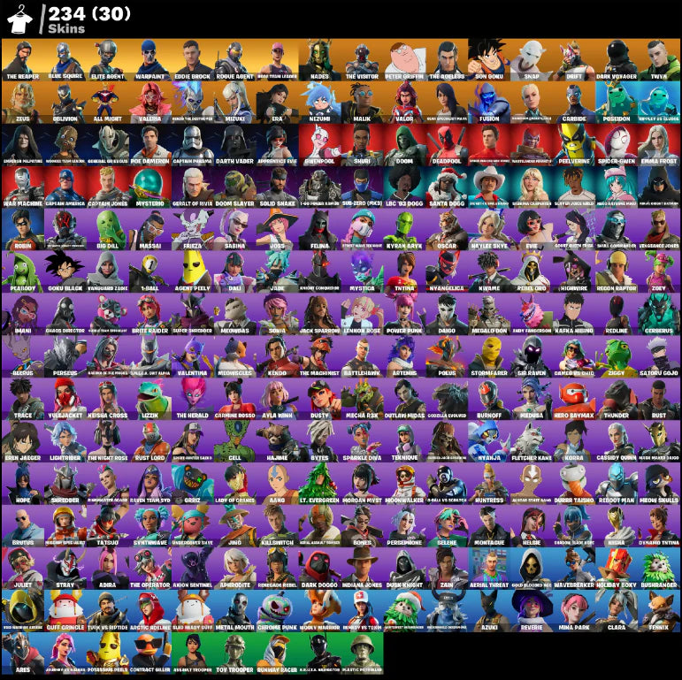 [PC/PSN/XBOX] 234 SKINS + THE REAPER + BLUE SQUIRE + OG STW + ELITE AGENT + ROGUE AGENT + DRIFT + CARBIDE + 1745 VB