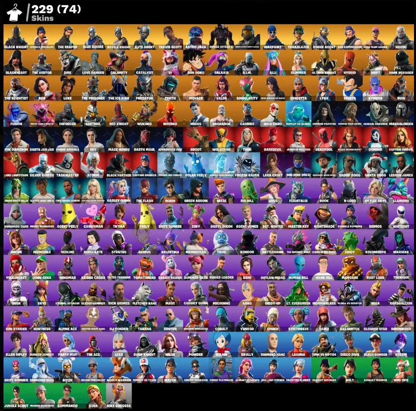 [PC/PSN/XBOX] 229 SKINS + BLACK KNIGHT + TRAVIS SCOTT + SPARKLE SPECIALIST + THE REAPER + ROYALE KNIGHT + OG STW