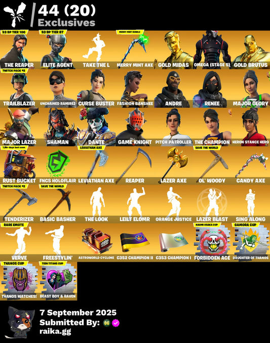 [PC/XBOX/NITTENDO] 431 skins | The Reaper | Elite Agent | Gold Midas | Omega (stage 5) | Gold Brutus | Trailblazer | Unchained Ramirez | Curse Buster | 725 VB