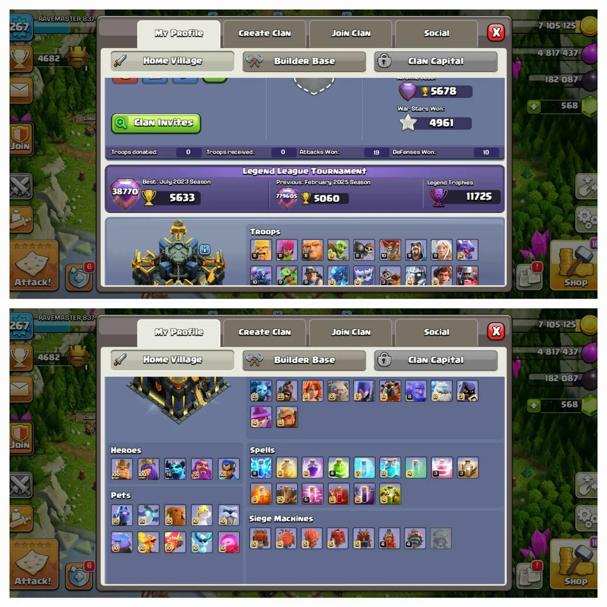 TH 17 200% Max [ 5 Star Th ] // Max Heros:- 100-100-76-75-50 // 3 Epic Max [MM,FB,LP] // Rare 5k War Stars // 11k Legend Trophy // 267 Xp