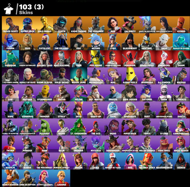 [PC/PSN/XBOX] 103 SKINS + TRAVIS SCOTT + ASTRO JACK + GOLD MIDAS + CALAMITY + TROG + SOLID SNAKE + EVIE + THE ACE