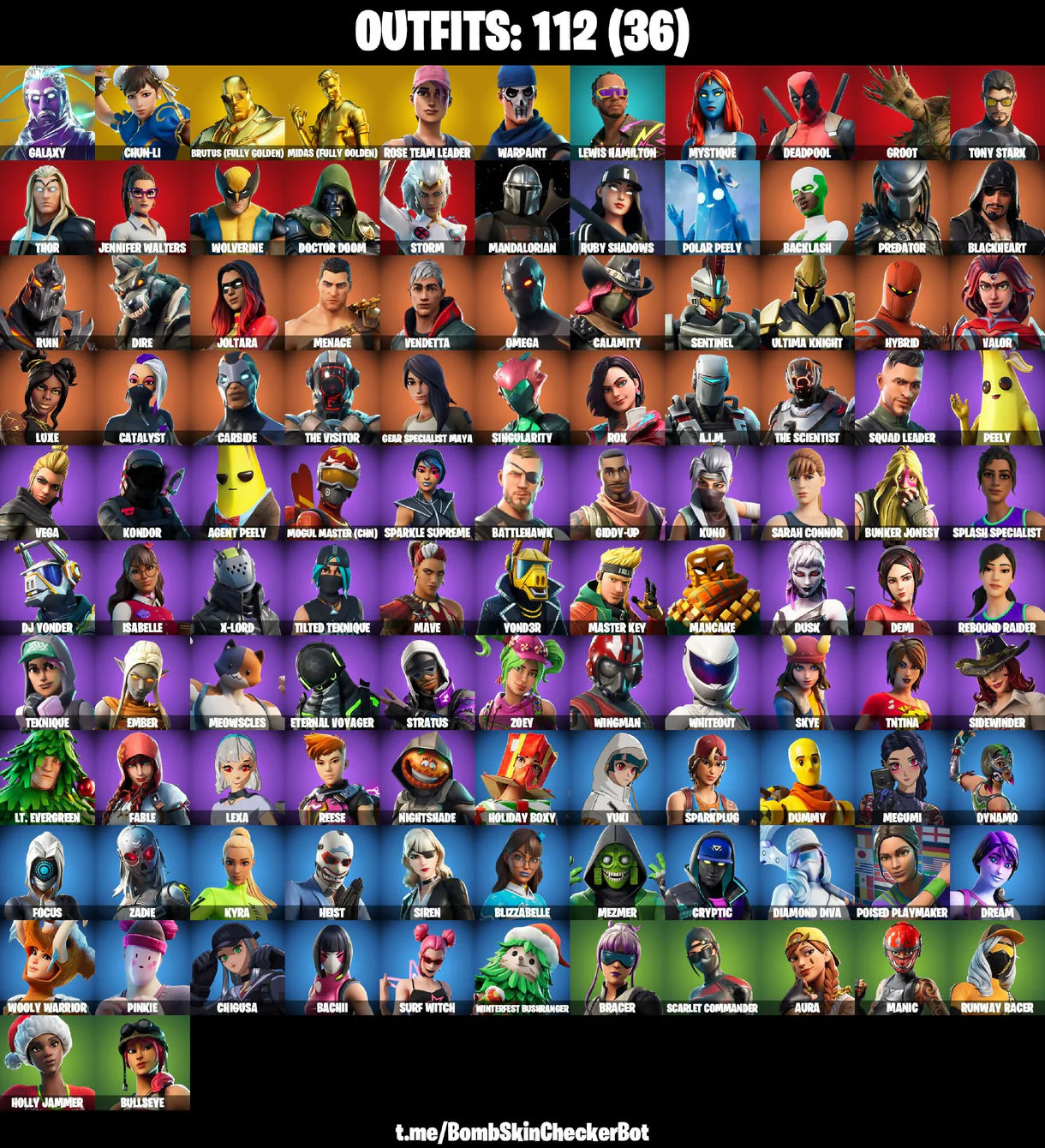 [ 112 Skins ] Full Access | Galaxy | Chun-Li | Brutus | Midas | Rose Team Leader | Warpaint G43