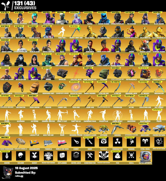 Compte Fortnite OG ☑️ STACKED ☑️ 978 skins ☑️ Chevalier noir ☑️ Merveille ☑️ Vertex sombre ☑️ Éon ☑️ Galaxie ☑️ IKONIK ☑️ Réflexe furtif ☑️ Lueur ☑️ Pied-de-neige cobalt ☑️ Le Faucheur ☑️ Twitch Prime ☑️ Travis Scott (pack complet) ☑️