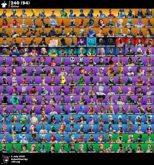 [PC/XBOX/PSN] ⸱ 240 SKIN✅THE REAPER✅PSYCHO BANDIT✅OG STW✅GOLD MIDAS✅LEVIATHAN AXE✅HARLEY QUINN✅DARK BOMBER✅CHUN-LI✅FNCS RENEGADE✅TAKE THE L✅Full Access✅