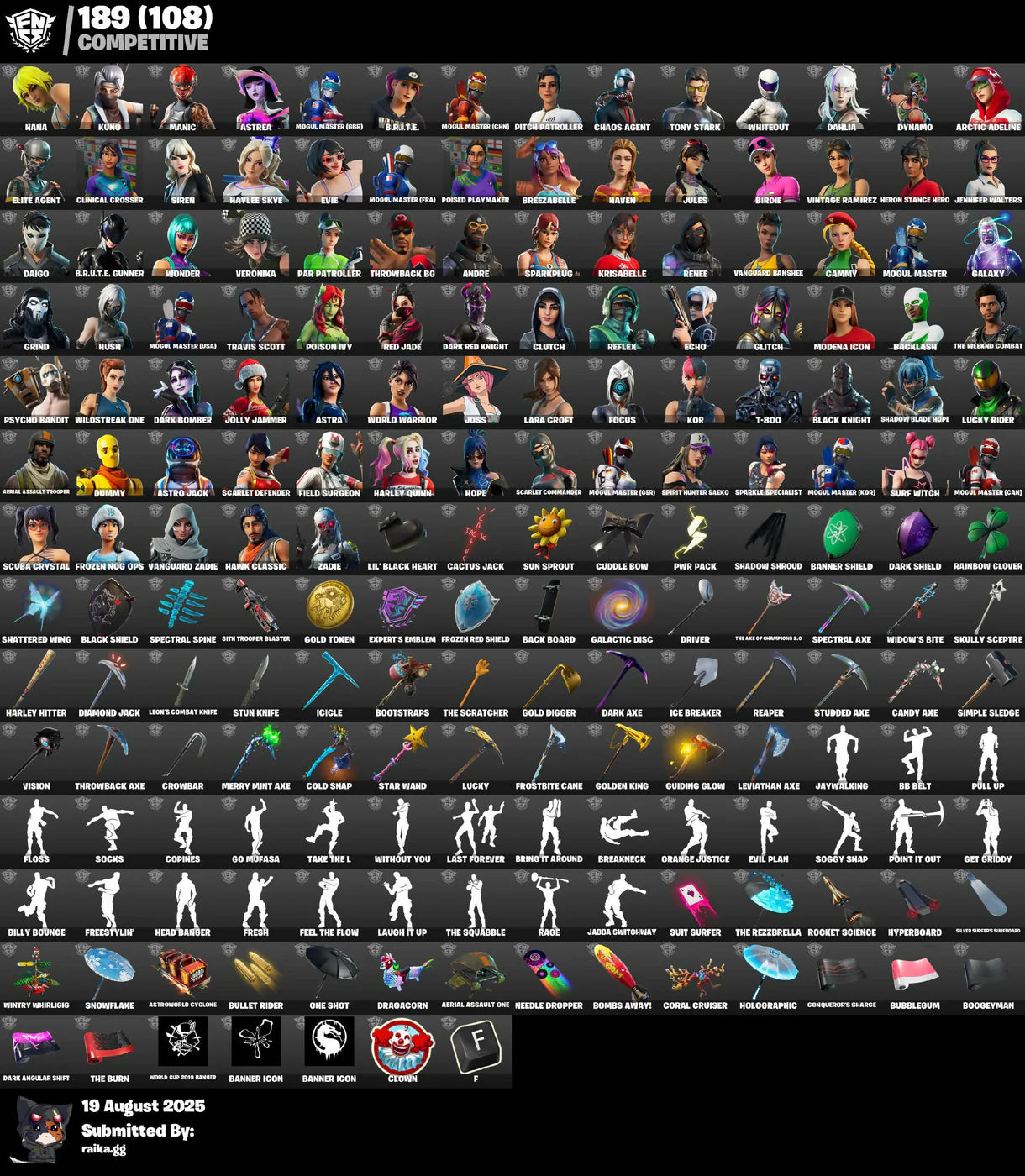 Compte Fortnite OG ☑️ STACKED ☑️ 978 skins ☑️ Chevalier noir ☑️ Merveille ☑️ Vertex sombre ☑️ Éon ☑️ Galaxie ☑️ IKONIK ☑️ Réflexe furtif ☑️ Lueur ☑️ Pied-de-neige cobalt ☑️ Le Faucheur ☑️ Twitch Prime ☑️ Travis Scott (pack complet) ☑️