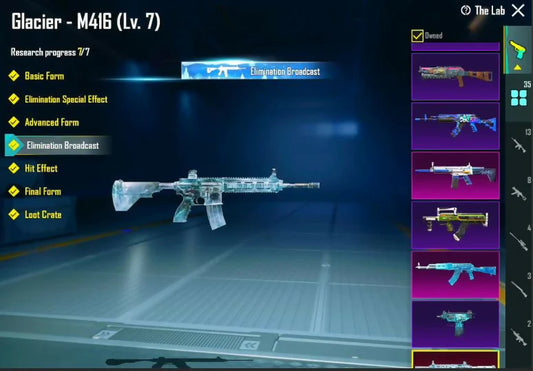 2 combinaisons X niv. 2 G Pharaon 2⭐ Anukhraaa 2⭐ 36 Gunlabs M416 Glacier Max AKM Glacier niv. 6 132 Mythics Ananas Set Inferno Helm Anniv. Mirado 4 armes max 7 Kill Msg S4 Face Pony Beard Strong Lab Mythic Fash 132/300